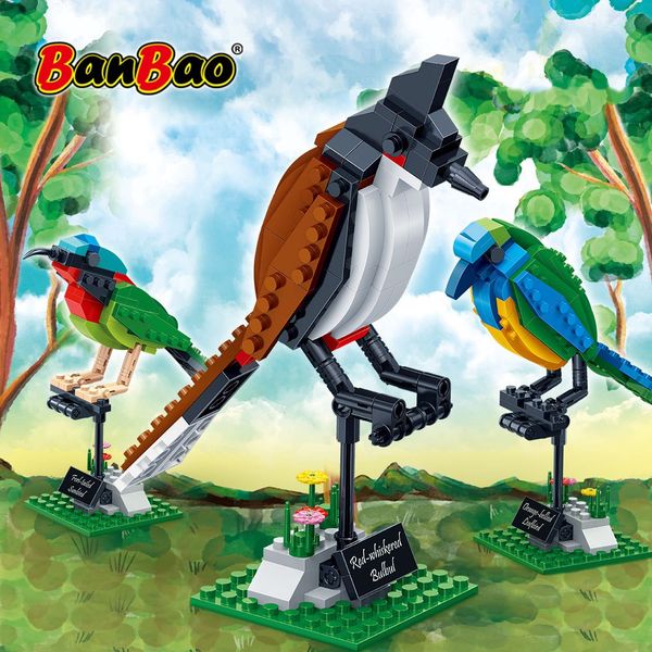 Mô hình lắp ráp chim Chào mào, Chim Sunbird đuôi chẽ, Chim Leafbird bụng cam BanBao 5123