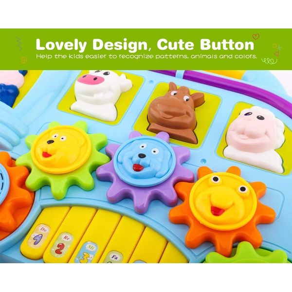 Đồ chơi đàn piano hình xe buýt – Đèn, nhạc, bánh răng xoay, nhận biết con vật cho bé