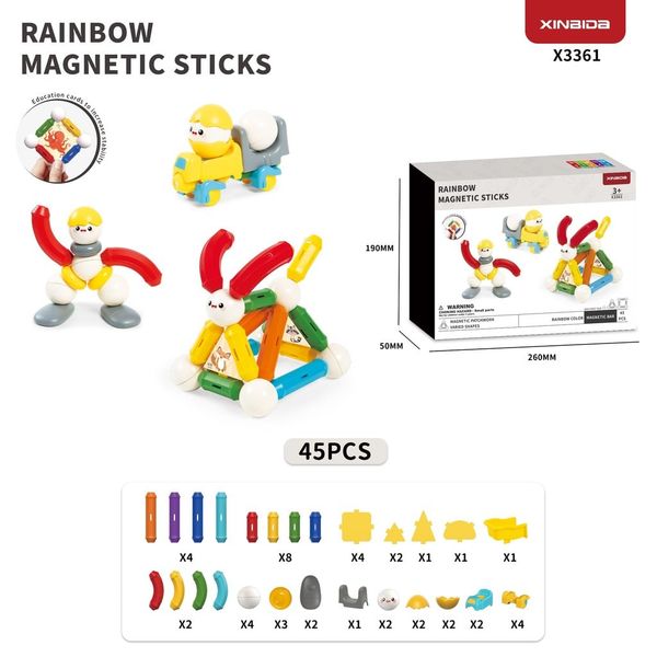 Đồ chơi xếp hình nam châm xếp hình cho bé Rainbow Magnetic Sticks (45/72 chi tiết)