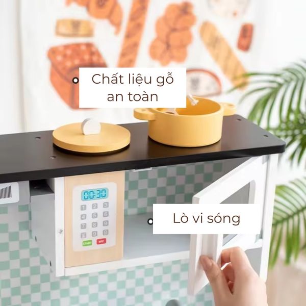 Bộ đồ chơi nhà bếp bằng gỗ hiện đại – Mô hình bếp nấu ăn kèm tủ lạnh và lò vi sóng, đầy đủ phụ kiện cho bé