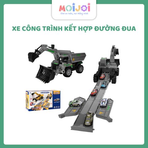 Bộ đồ chơi xe công trình kết hợp đường đua 2in1 – biến hình thành xe tải chở xe