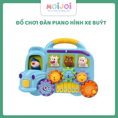 Đồ chơi đàn piano hình xe buýt – Đèn, nhạc, bánh răng xoay, nhận biết con vật cho bé