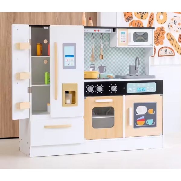 Bộ đồ chơi nhà bếp bằng gỗ hiện đại – Mô hình bếp nấu ăn kèm tủ lạnh và lò vi sóng, đầy đủ phụ kiện cho bé