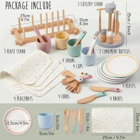 Bộ đồ chơi chén dĩa và dụng cụ nhà bếp bằng gỗ – Mô phỏng sinh động, an toàn cho bé
