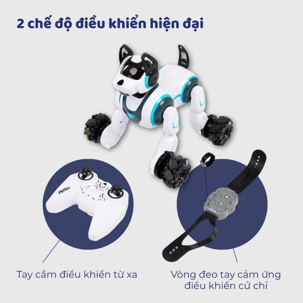Đồ chơi chó robot RC Stunt – điều khiển tay cầm + tay đeo, xoay/nhào lộn 360°, sạc USB, quà cho bé