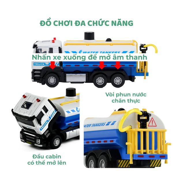 Xe bồn chở nước hợp kim - mô hình tỉ lệ 1:22 có đèn và âm thanh - Đồ chơi mô phỏng xe bồn phun nước cho bé