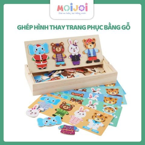 Bộ đồ chơi ghép hình thay trang phục thú bông – Hộp gỗ kèm thẻ mẫu, phát triển tư duy và khả năng sáng tạo cho bé