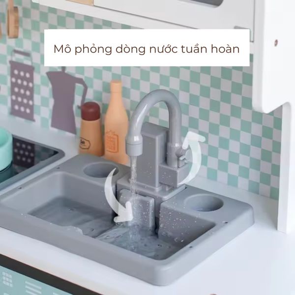 Bộ đồ chơi nhà bếp bằng gỗ hiện đại – Mô hình bếp nấu ăn kèm tủ lạnh và lò vi sóng, đầy đủ phụ kiện cho bé