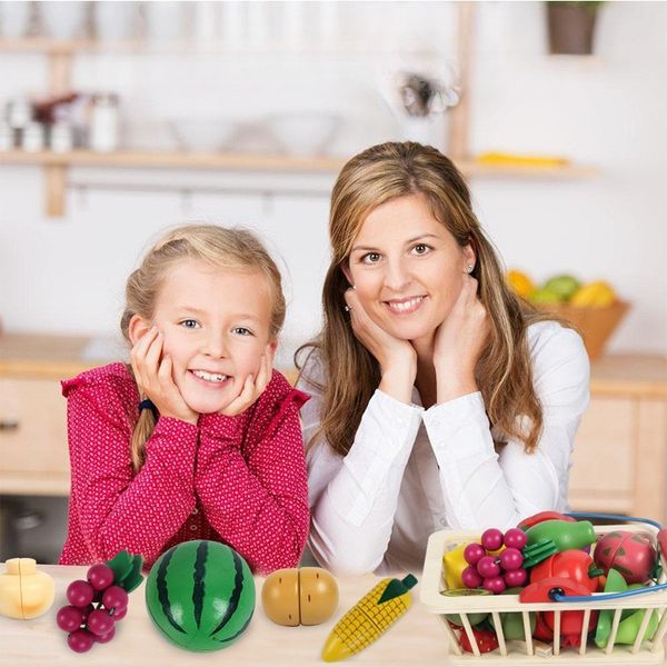 Bộ đồ chơi trái cây bằng gỗ – Giỏ mua sắm kèm trái cây cắt rời, giúp bé nhận biết và học phân loại