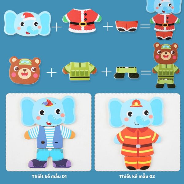 Bộ đồ chơi ghép hình thay trang phục thú bông – Hộp gỗ kèm thẻ mẫu, phát triển tư duy và khả năng sáng tạo cho bé
