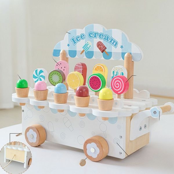 Xe bán kem bằng gỗ – Đồ chơi bán hàng cho bé, nhiều loại kem và phụ kiện đi kèm