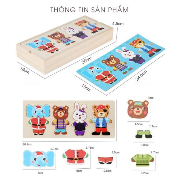 Bộ đồ chơi ghép hình thay trang phục thú bông – Hộp gỗ kèm thẻ mẫu, phát triển tư duy và khả năng sáng tạo cho bé