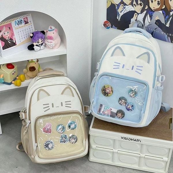 Ba lô học sinh tai mèo trong suốt phong cách kawaii họa tiết cute dễ thương – Nhiều ngăn tiện dụng