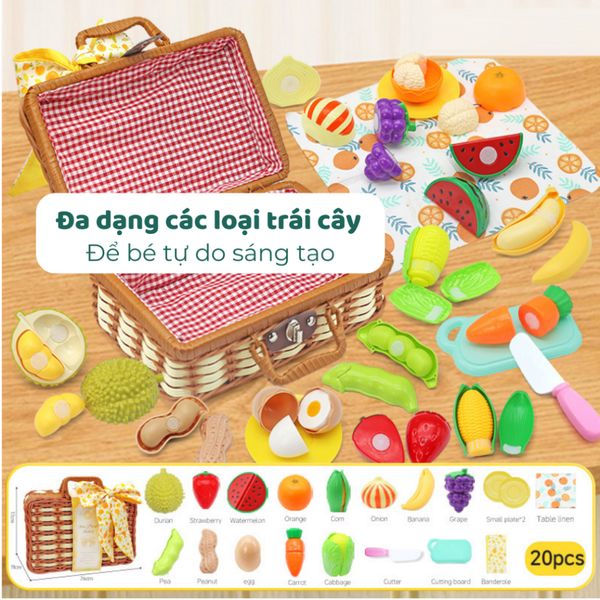 Bộ đồ chơi cắt trái cây rau củ mô phỏng trong giỏ mây bộ đồ chơi picnic (20 chi tiết)