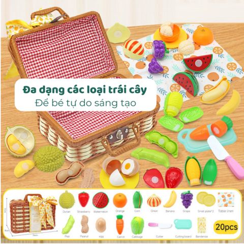 Bộ đồ chơi cắt trái cây rau củ mô phỏng trong giỏ mây bộ đồ chơi picnic (20 chi tiết)