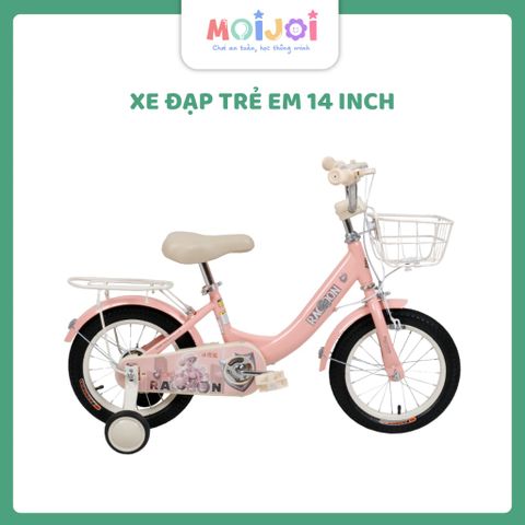 Mojoi Xe đạp trẻ em 14 inch màu hồng khung thép sơn tĩnh điện bánh cao su đặc phanh trước/sau giỏ xe trước baga sau cho bé gái 3-8 tuổi