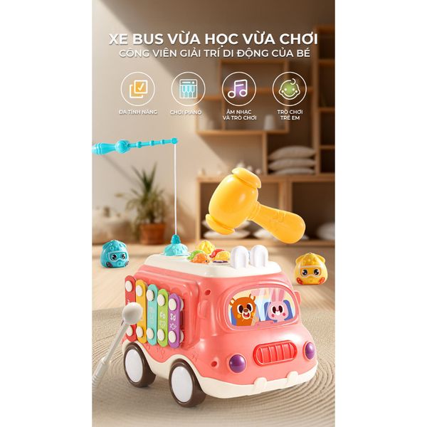 Xe buýt bận rộn 6 trong 1 Montessori Baby Toys – có đàn piano, rút dây, xếp hình, gõ búa