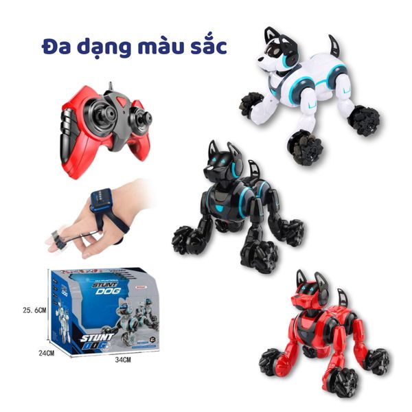 Đồ chơi chó robot RC Stunt – điều khiển tay cầm + tay đeo, xoay/nhào lộn 360°, sạc USB, quà cho bé