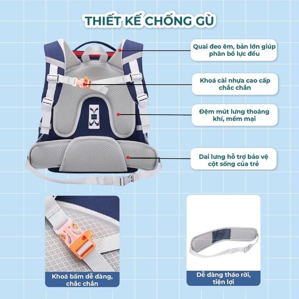Balo chống gù học sinh tiểu học cho bé trai bé gái – siêu nhẹ, chống nước, ngăn rộng