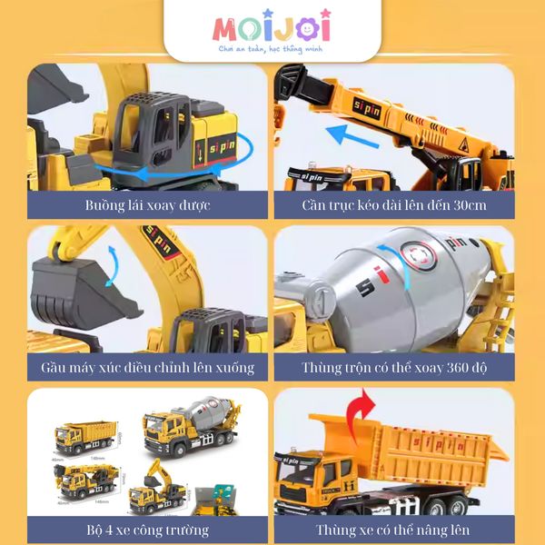Xe công trình mô hình kim loại 1:50 – Xe ben / Xe trộn / Xe cẩu / Xe xúc – Bánh lăn, chi tiết chân thực