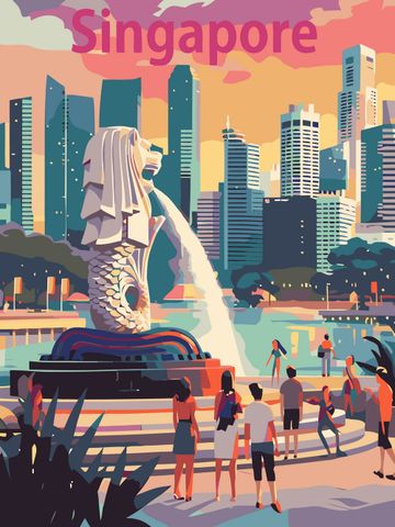 Bộ tranh canvas tượng sư tử biển Merlion Singapore 24 – Tranh tô màu theo số, Không khung, kèm màu, cọ, giấy phác thảo, hình mẫu
