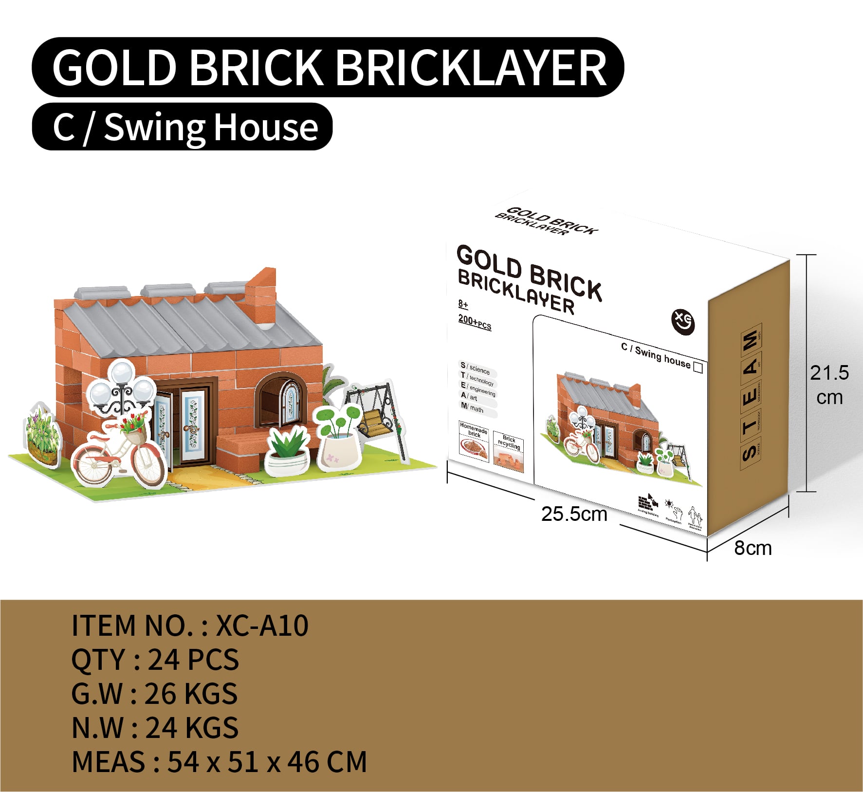 Bộ mô hình STEAM Xây Gạch Thật Gold Brick Bricklayer (Pool Villa, XC-A10, 200+ chi tiết)