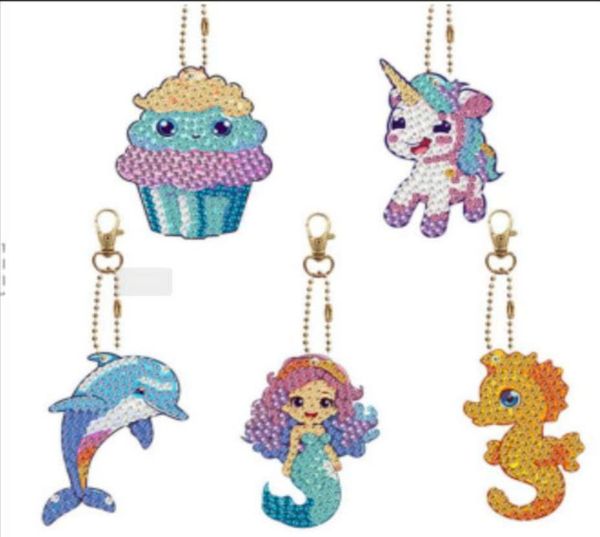 Set 5 móc khóa đính đá DIY mini – Hình thú, nàng tiên cá & bánh cupcake, sáng tạo thủ công cho bé