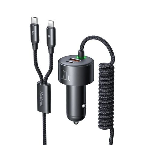 Tẩu Sạc Cho Ô Tô MCDODO CC-037 120W (1*Type-C + 1*USB-A port, with Built-in Spring Type-C + Lightning Cables)