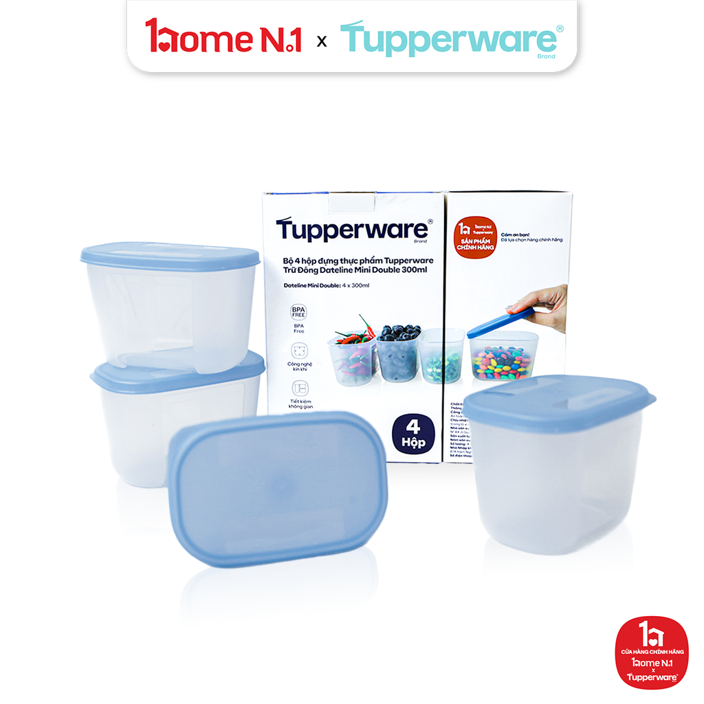 Bộ 4 Hộp Đựng Thực Phẩm Tupperware Trữ Đông Gen I Mini 300ml Nắp Sheer Cobalt