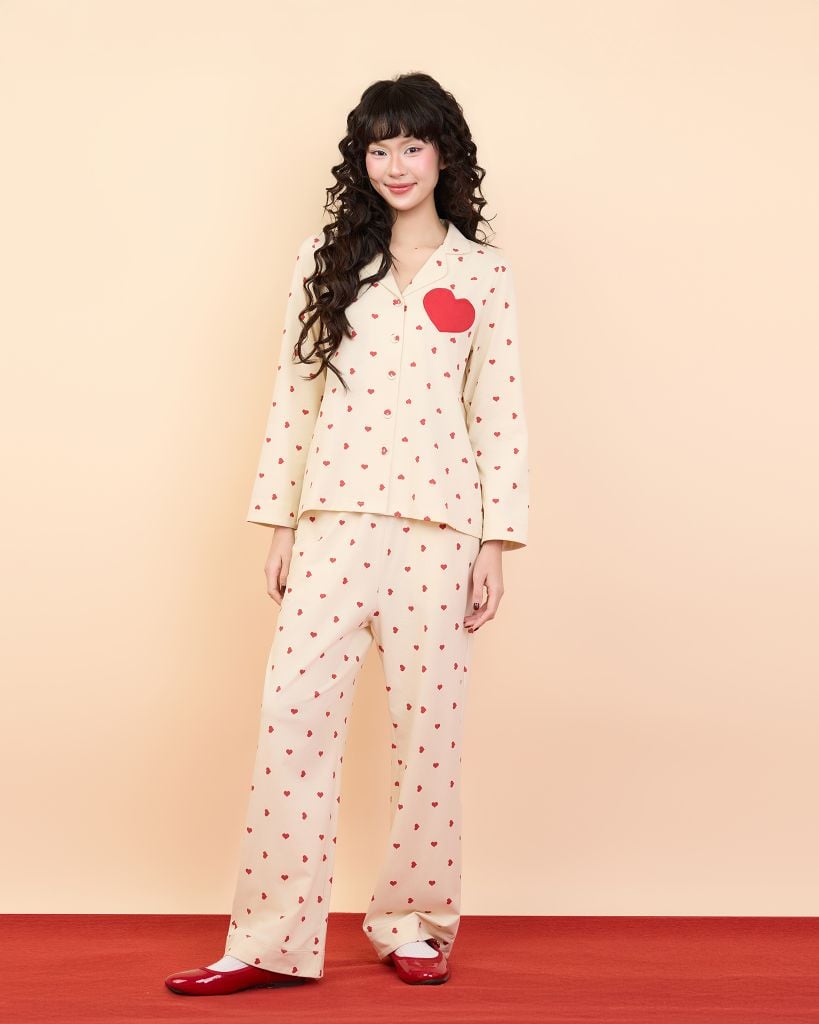 Bộ WINNY mặc nhà cotton CVC quần dài tay dài màu be 1MNCT26001D