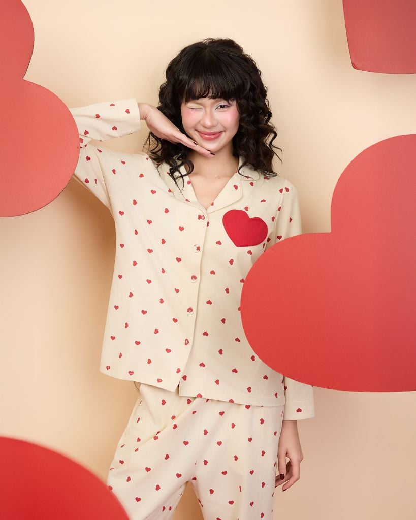 Bộ WINNY mặc nhà cotton CVC quần dài tay dài màu be 1MNCT26001D