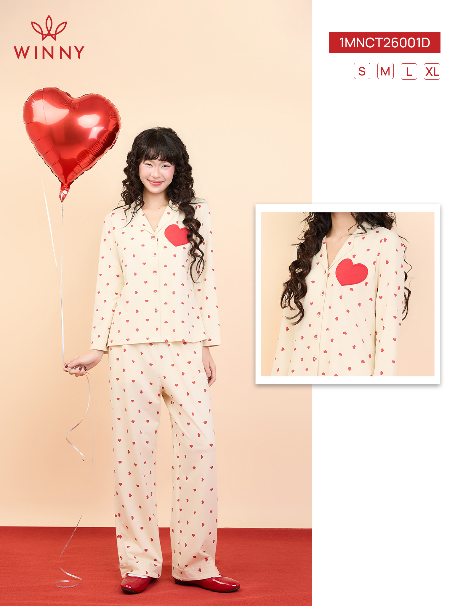 Bộ WINNY mặc nhà cotton CVC quần dài tay dài màu be 1MNCT26001D