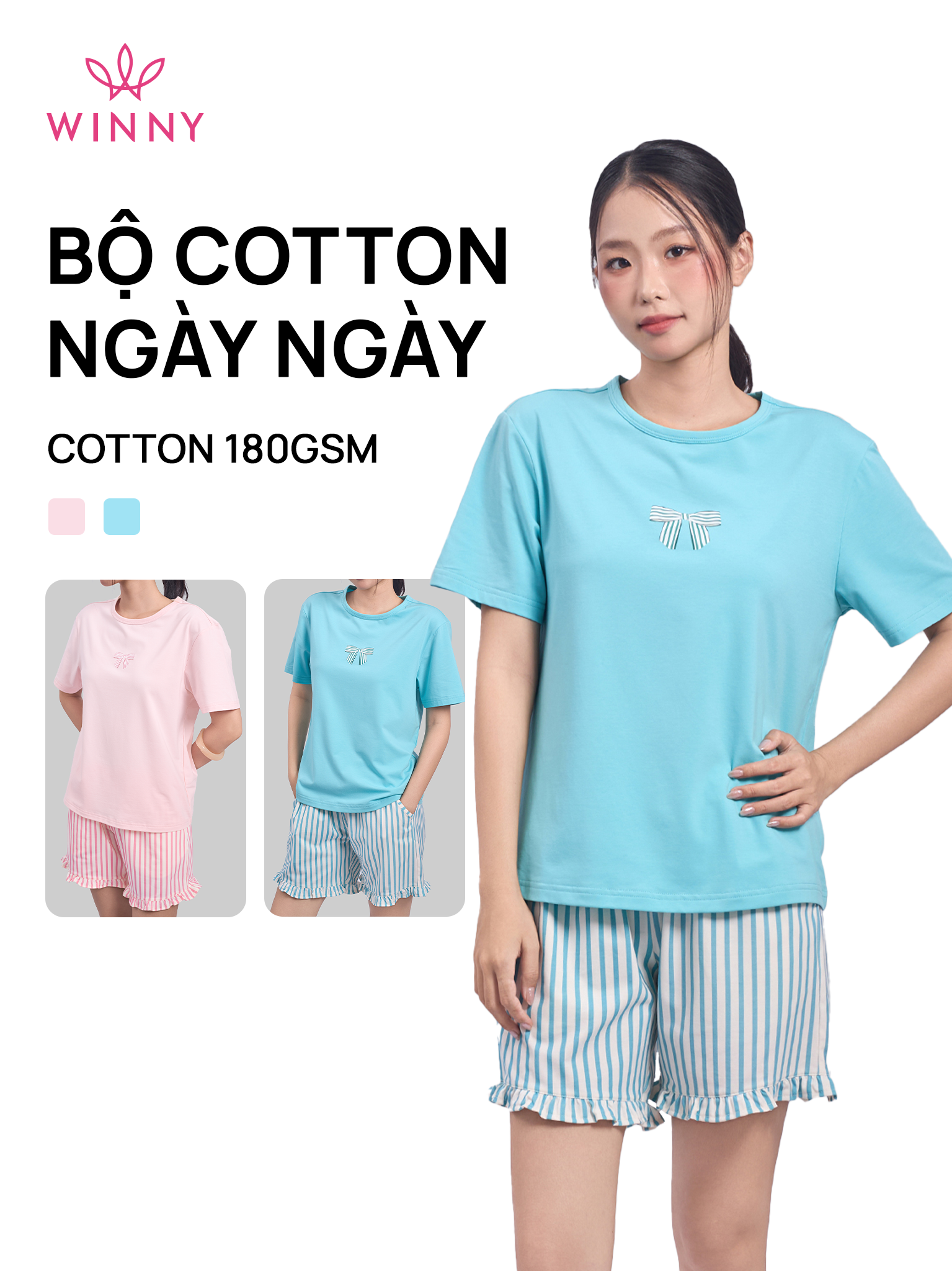 Bộ WINNY cotton quần ngắn tay ngắn 180gsm 1MNCT26003N