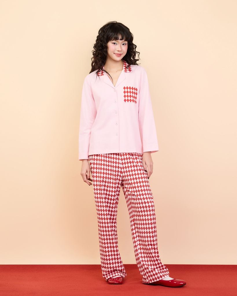 Bộ WINNY mặc nhà cotton CVC quần dài tay dài màu hồng đỏ 1MNCT26007D