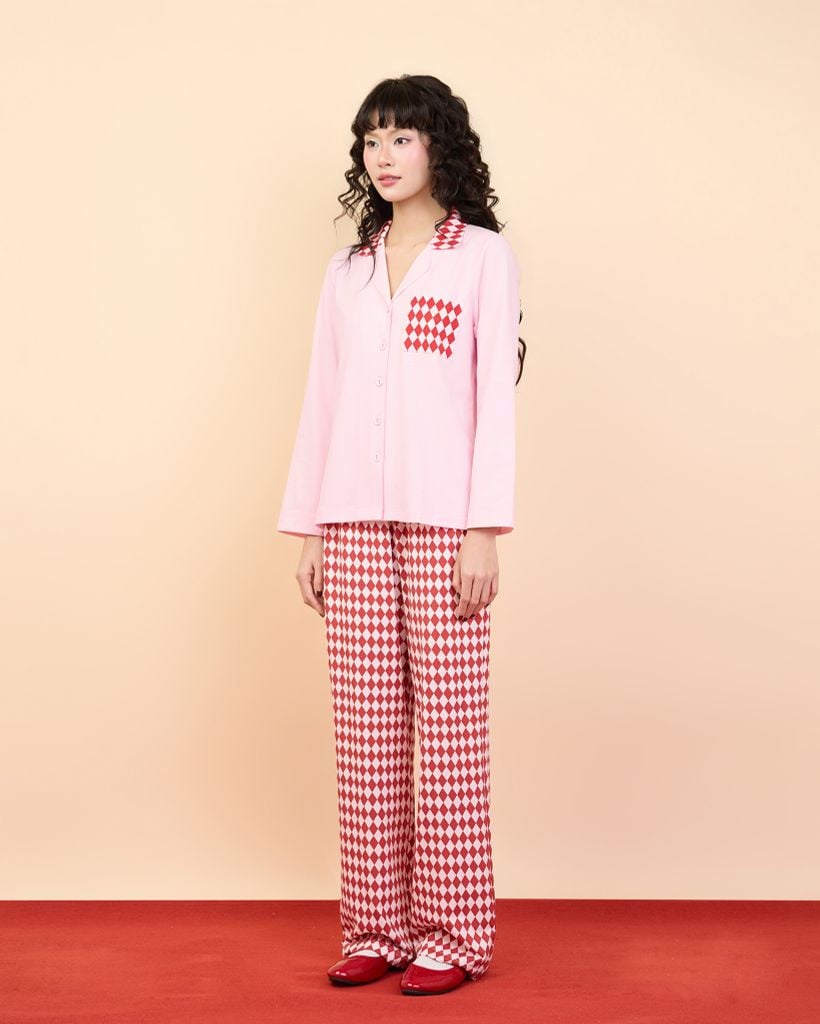 Bộ WINNY mặc nhà cotton CVC quần dài tay dài màu hồng đỏ 1MNCT26007D