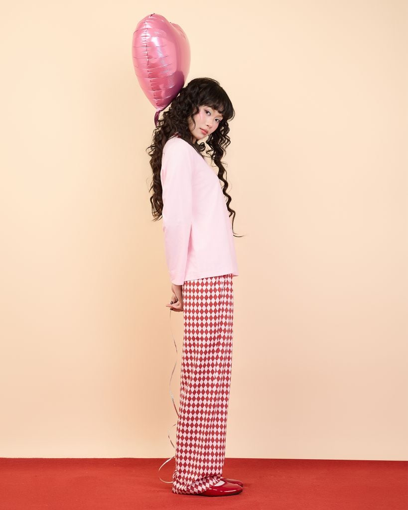 Bộ WINNY mặc nhà cotton CVC quần dài tay dài màu hồng đỏ 1MNCT26007D