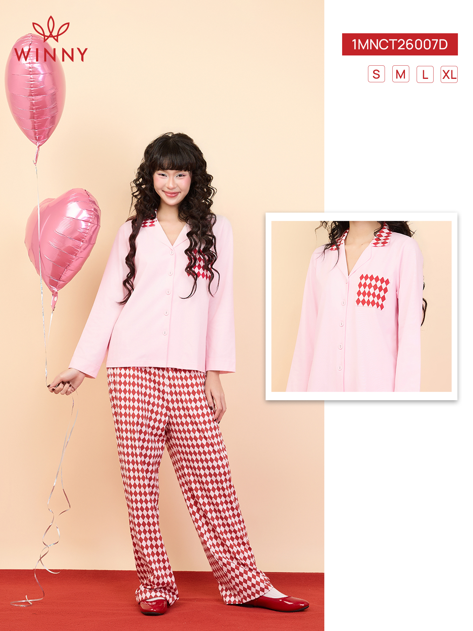 Bộ WINNY mặc nhà cotton CVC quần dài tay dài màu hồng đỏ 1MNCT26007D