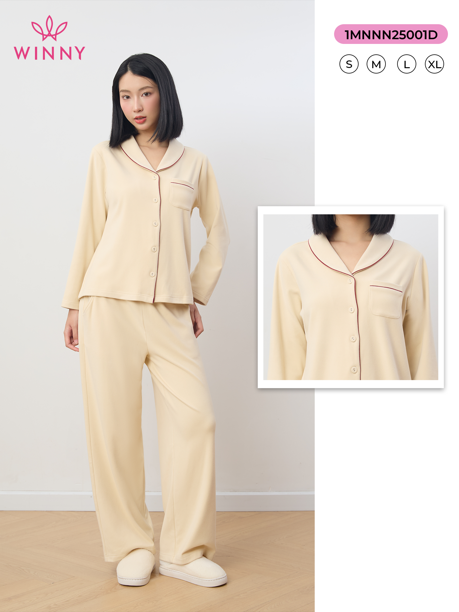 Bộ WINNY mặc nhà nỉ nhung quần dài tay dài màu be nhạt 1MNNN25001D