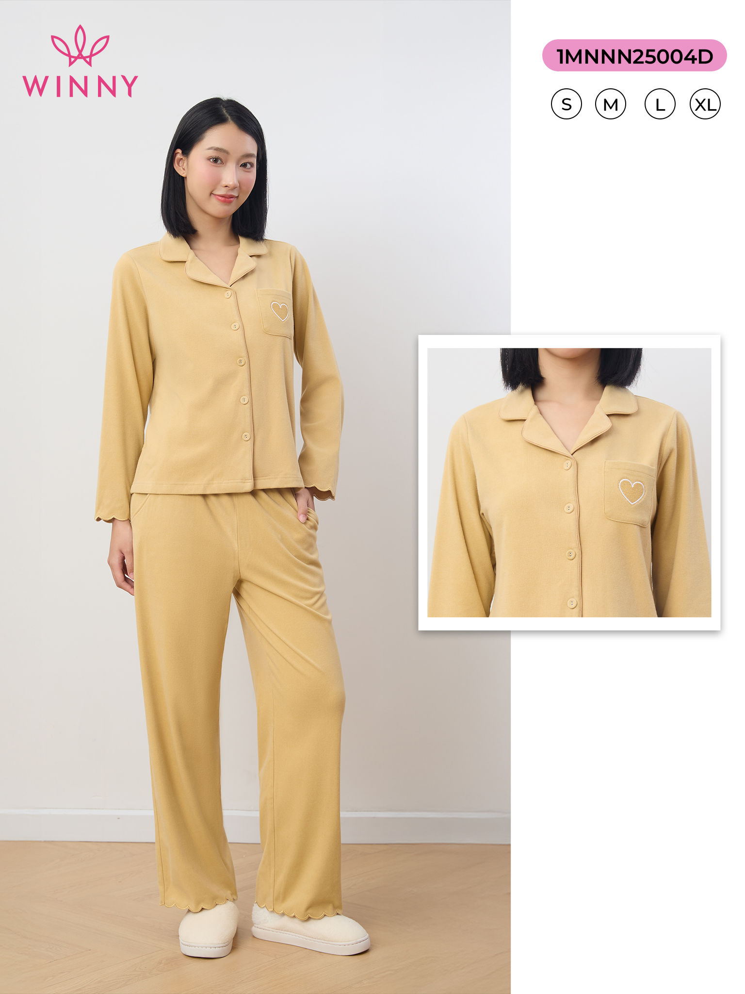 Bộ WINNY mặc nhà nỉ nhung quần dài tay dài màu vàng 1MNNN25004D