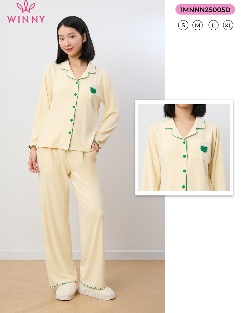 Bộ WINNY mặc nhà nỉ nhung quần dài tay dài màu vàng nhạt 1MNNN25005D