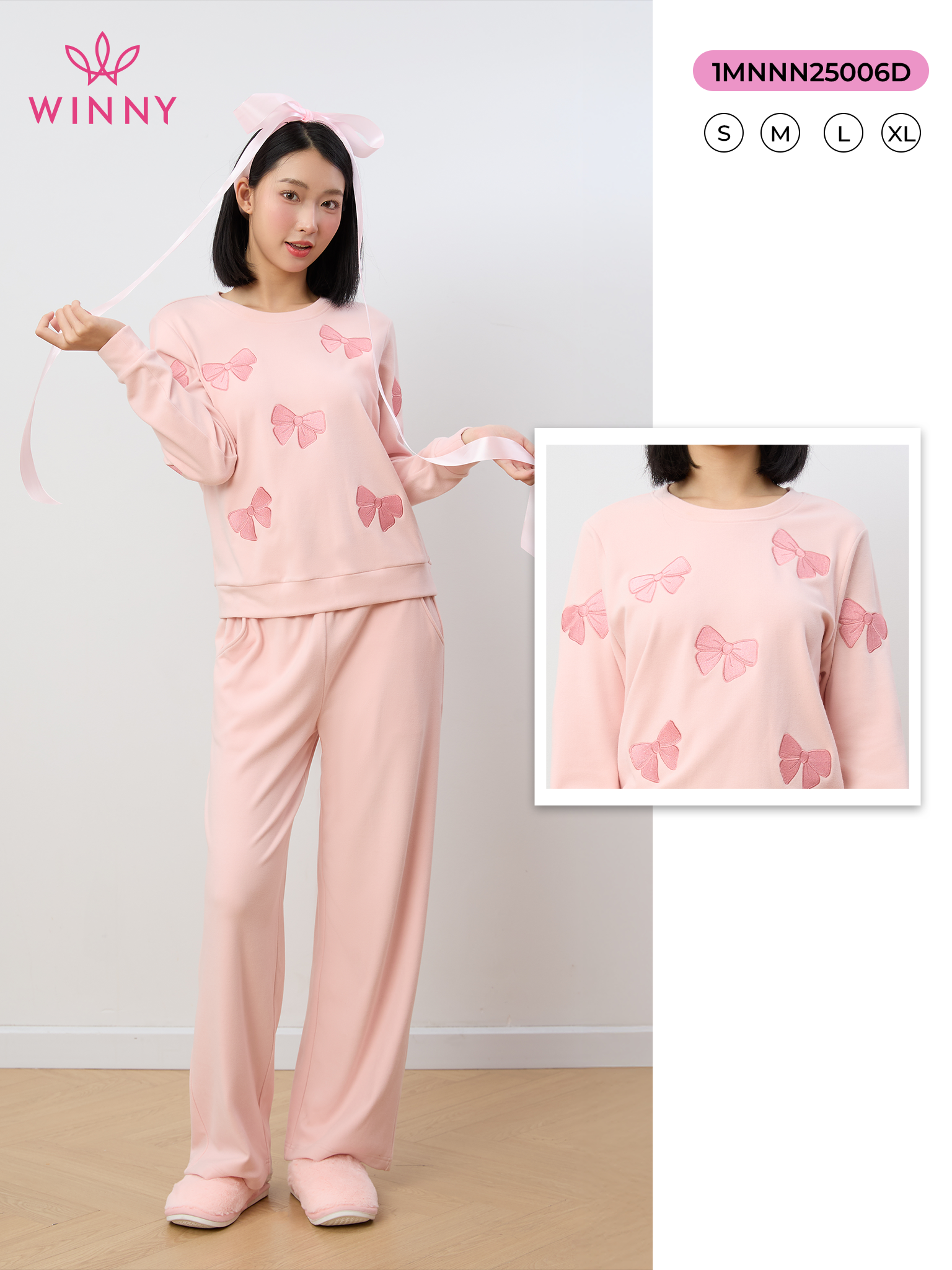 Bộ WINNY mặc nhà nỉ nhung quần dài tay dài màu hồng nhạt 1MNNN25006D