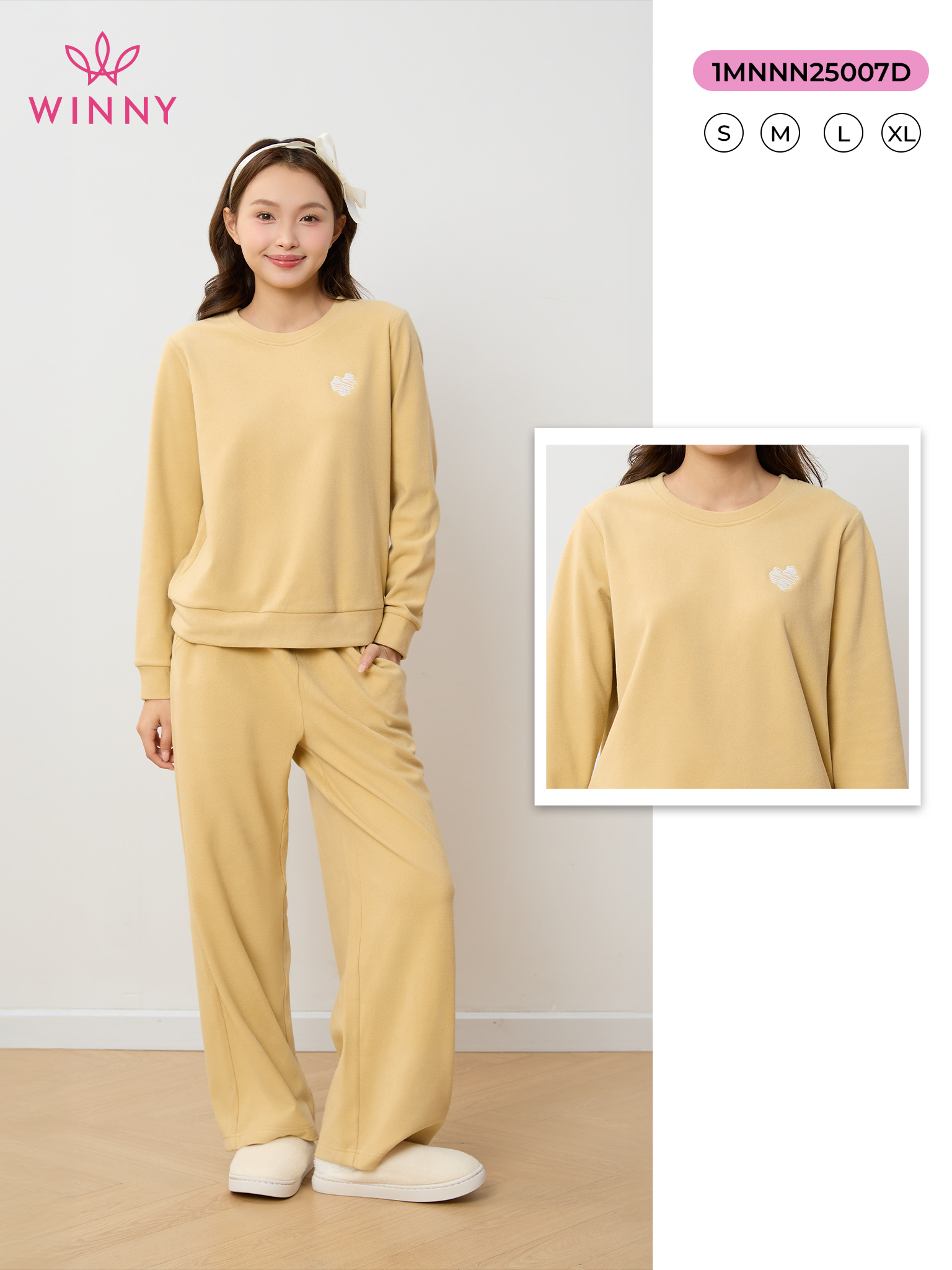 Bộ WINNY mặc nhà nỉ nhung quần dài tay dài màu vàng 1MNNN25007D