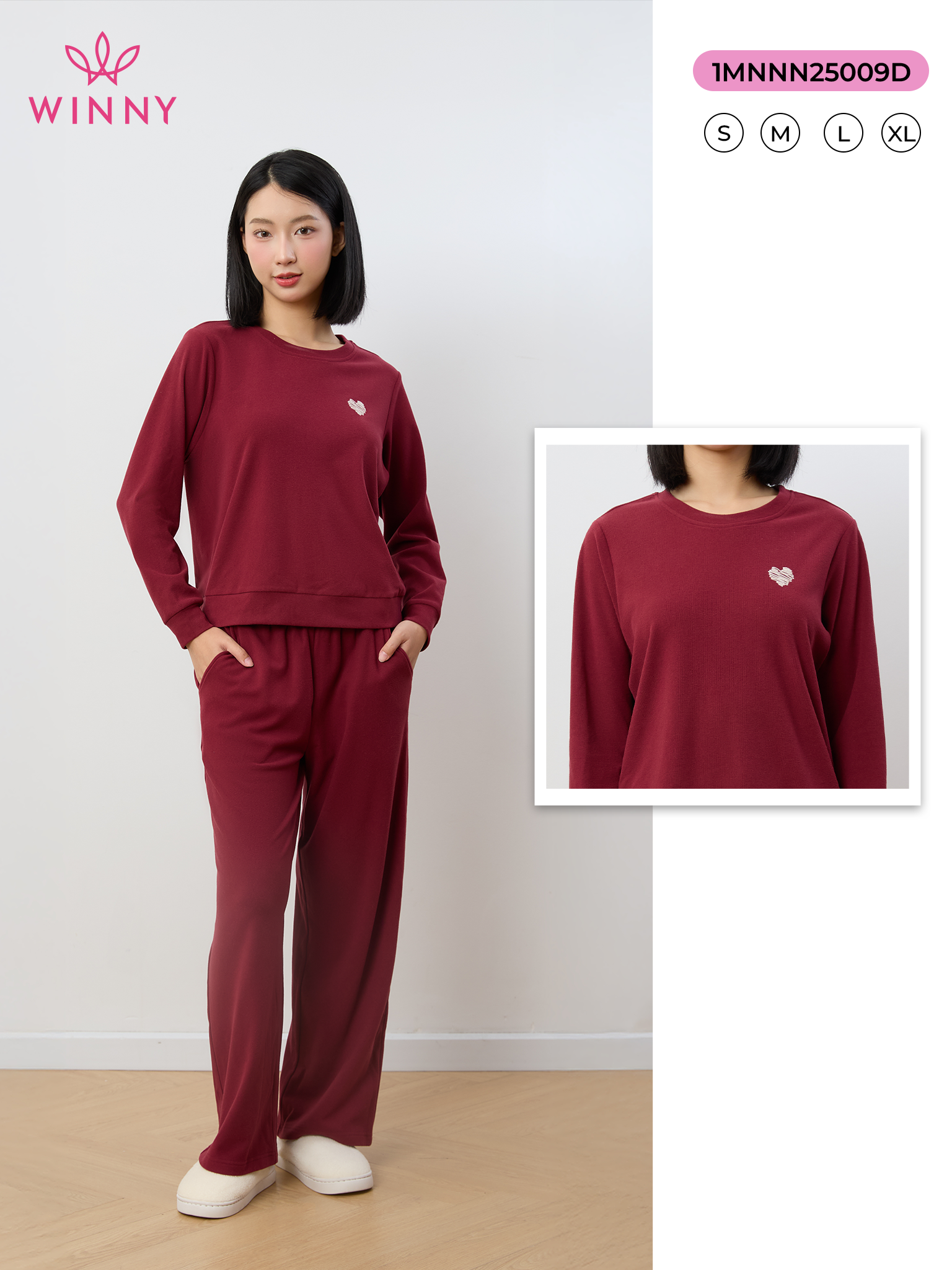 Bộ WINNY mặc nhà nỉ nhung quần dài tay dài màu đỏ đậm 1MNNN25009D