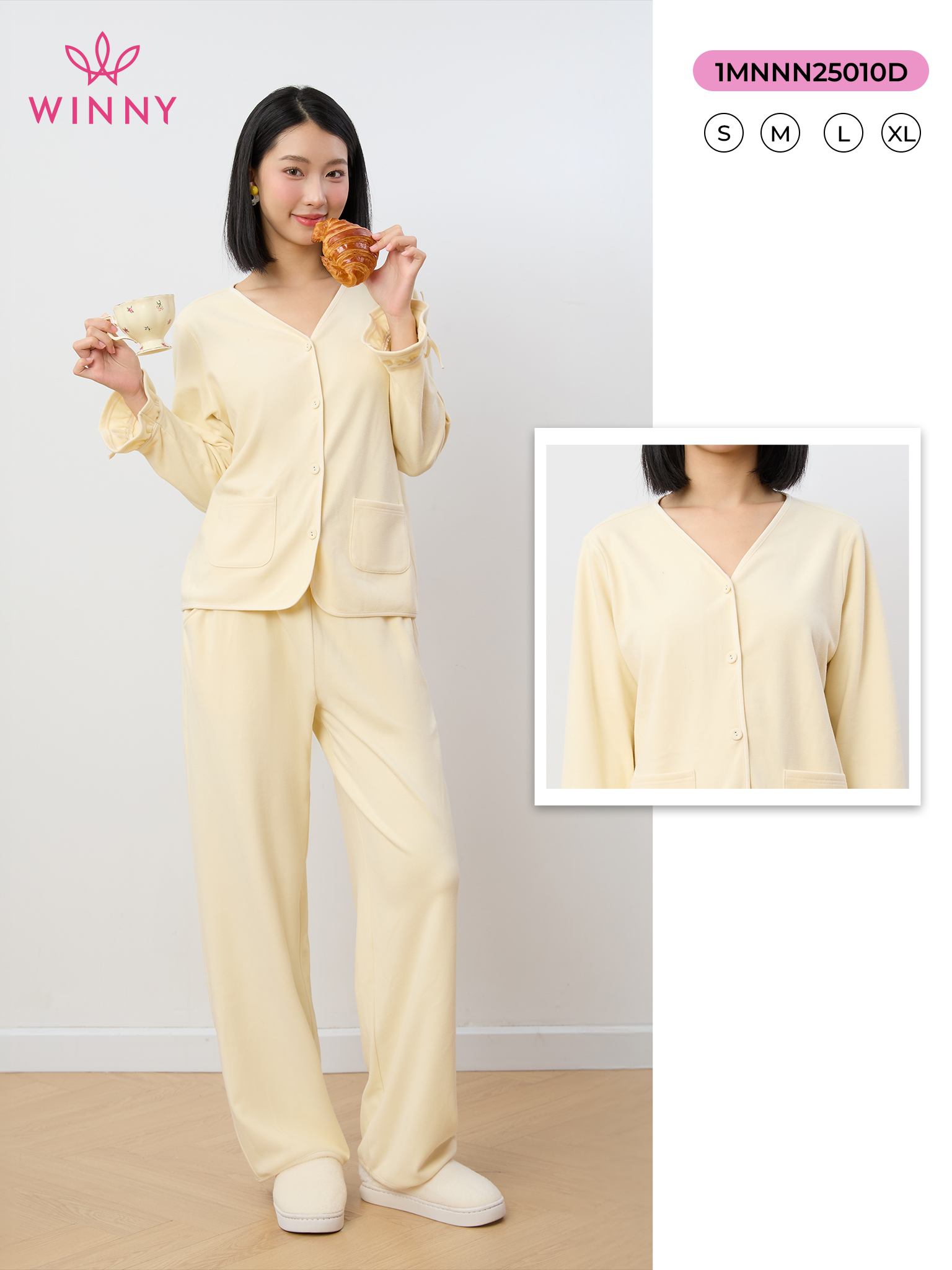 Bộ WINNY mặc nhà nỉ nhung quần dài tay dài màu vàng nhạt 1MNNN25010D