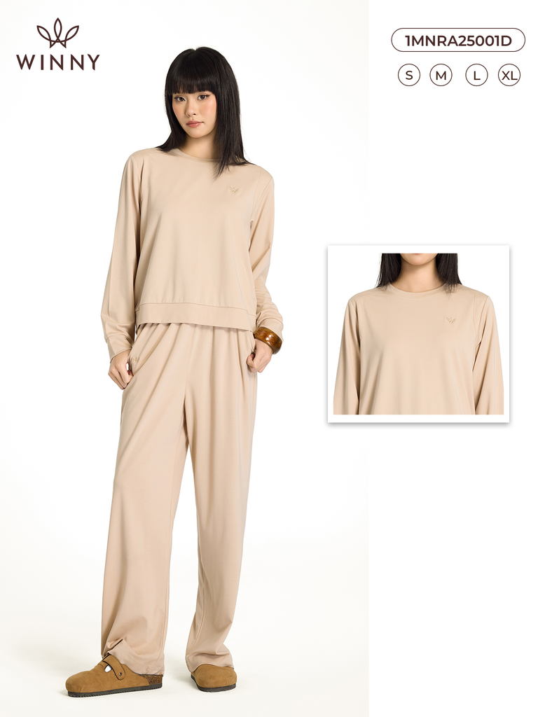Bộ WINNY mặc nhà rayon spandex quần dài tay dài màu be nhạt 1MNRA25001D