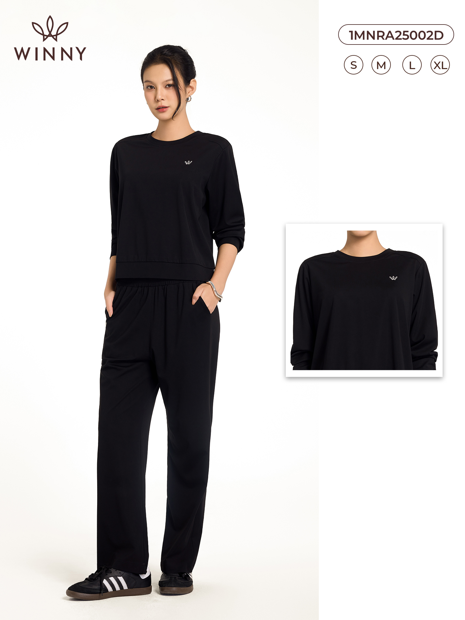 Bộ WINNY mặc nhà rayon spandex quần dài tay dài màu đen 1MNRA25002D