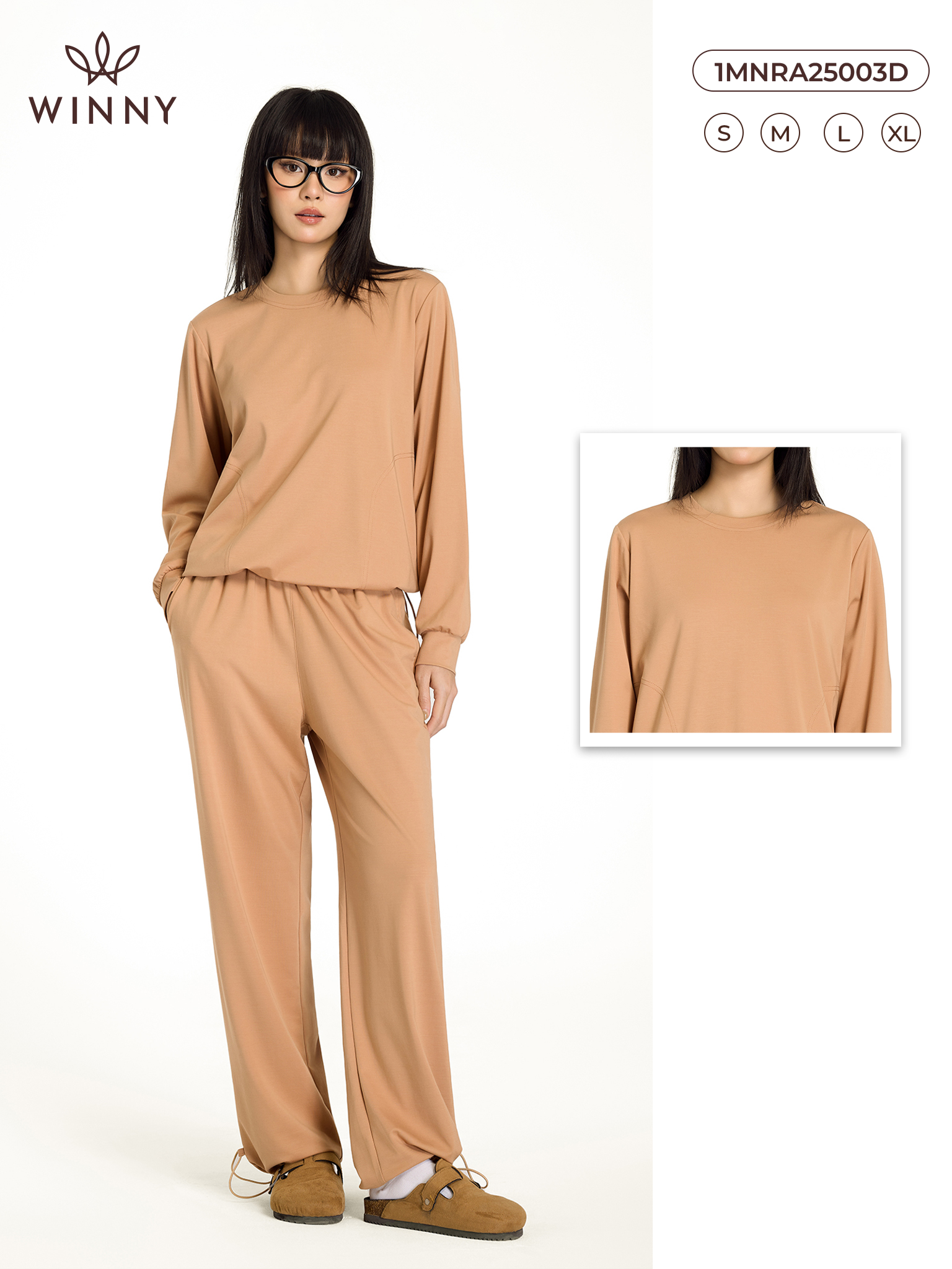 Bộ WINNY mặc nhà rayon spandex quần dài tay dài màu be đậm 1MNRA25003D