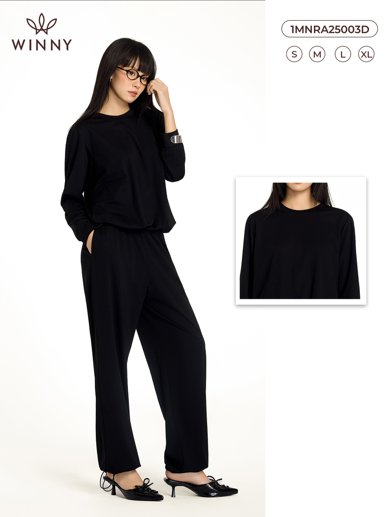Bộ WINNY mặc nhà rayon spandex quần dài tay dài màu đen 1MNRA25003D