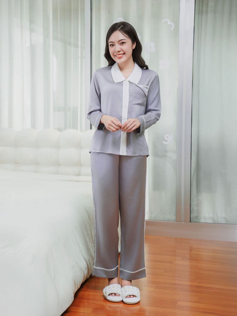 Bộ đồ ngủ Pijama lụa satin quần dài tay dài  -  1MNSA24258D