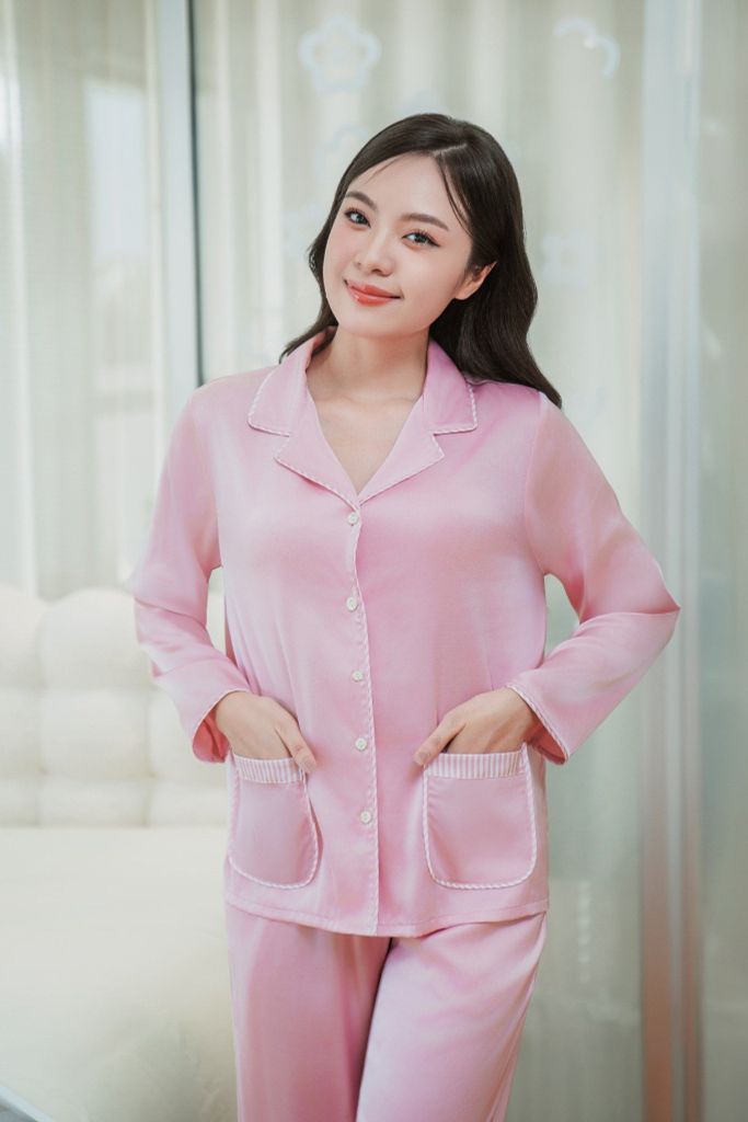Bộ đồ ngủ Pijama lụa satin quần dài tay dài  -  1MNSA24259D